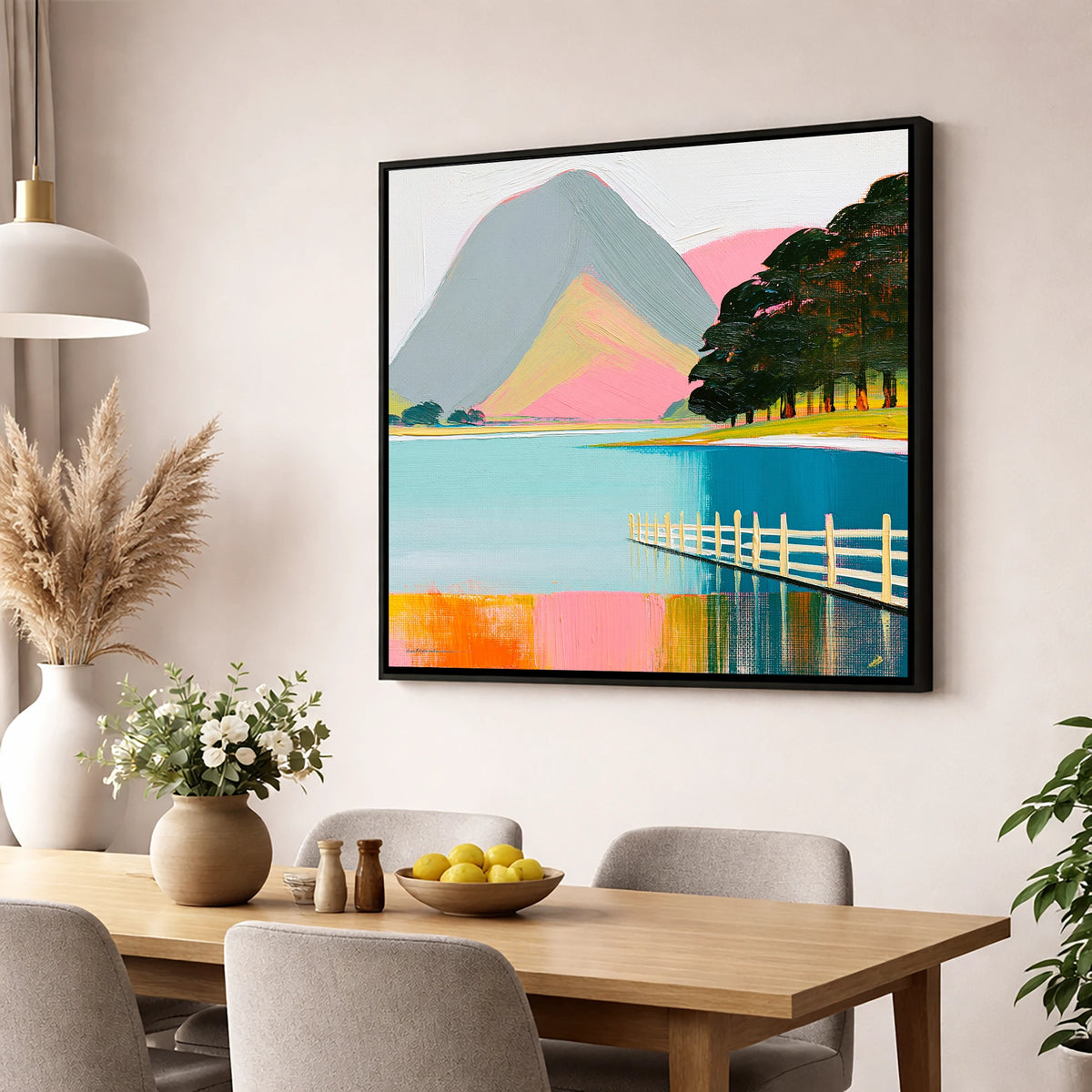Vibrant Buttermere and White Fence lake district lake wall art displayed in a dining room