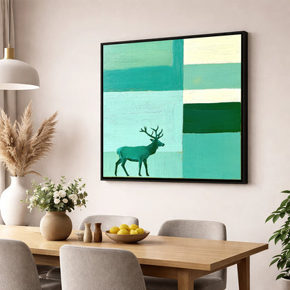 Abstract Teal Red Deer Stag lake district wildlife wall art displayed in a dining room