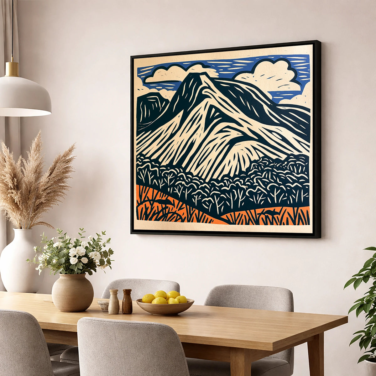Bowfell Peak in Deep Navy lake district fell wall art displayed in a dining room
