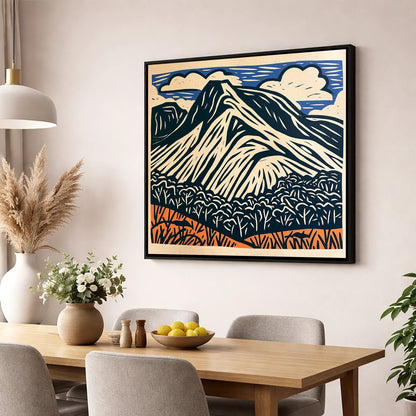 Bowfell Peak in Deep Navy lake district fell wall art displayed in a dining room
