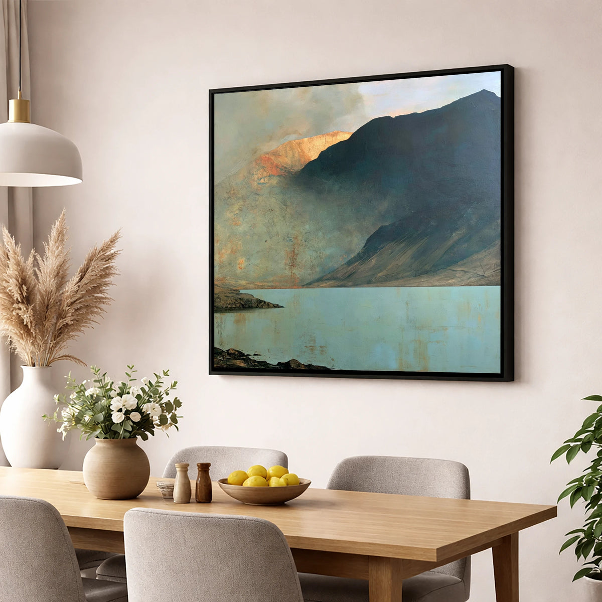 Wastwater Screes in Golden Light lake district lake wall art displayed in a dining room