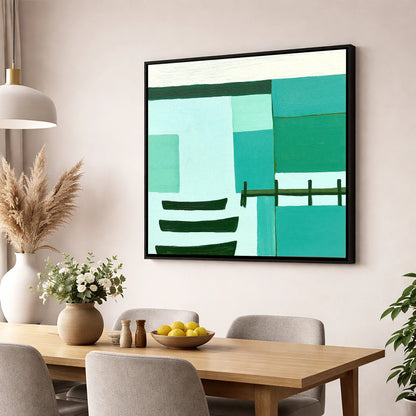 Abstract Teal Windermere Boats lake district lake wall art displayed in a dining room