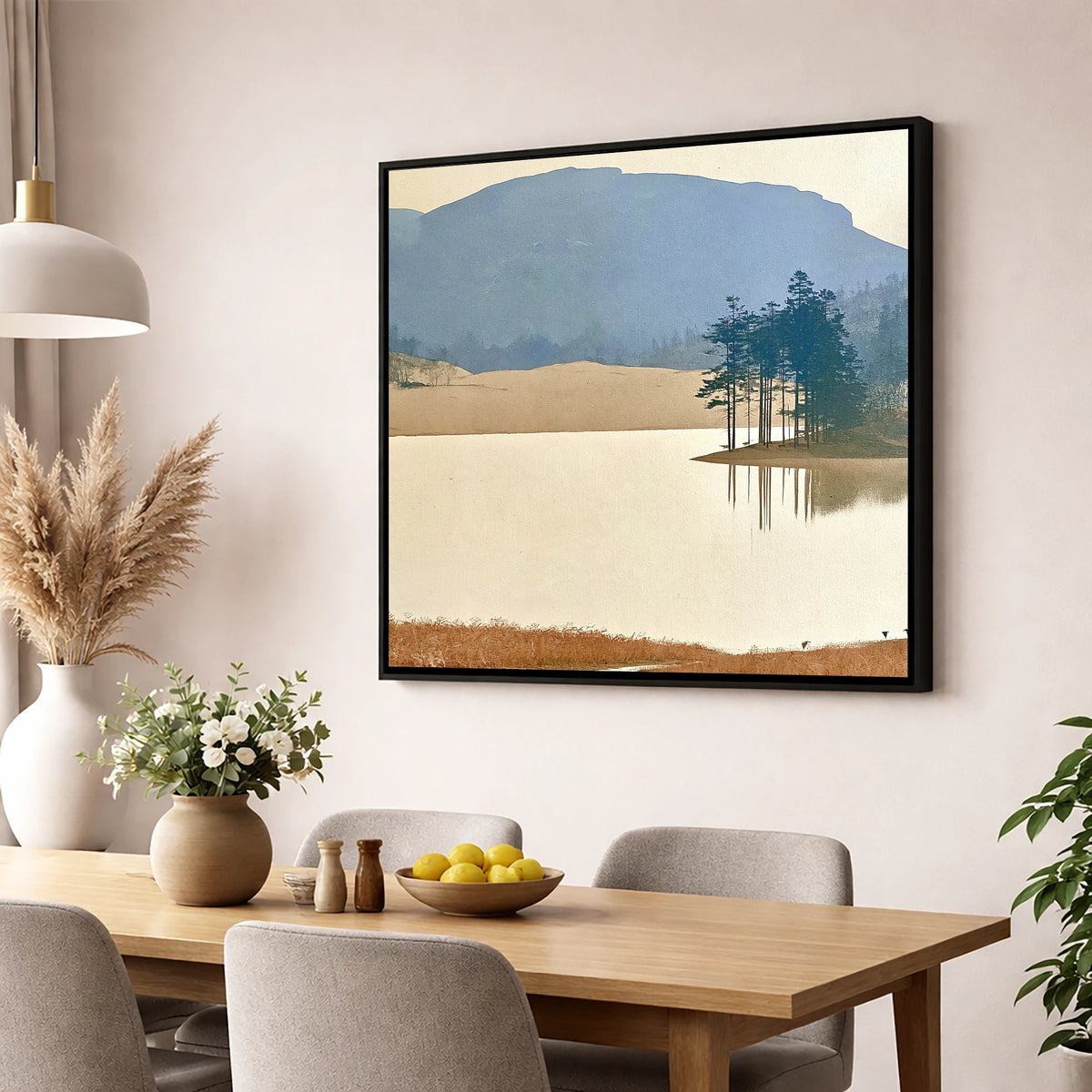 Reflected Pines at Tarn Hows lake district lake wall art displayed in a dining room