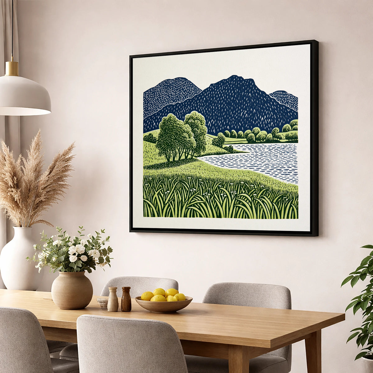 Grasmere Fells in Navy and Green lake district lake wall art displayed in a dining room