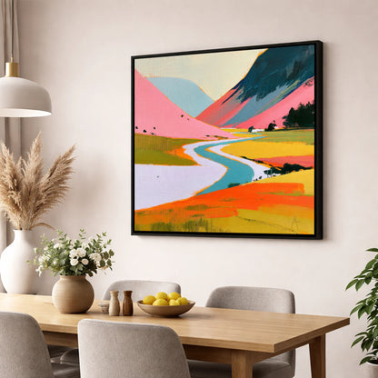 Winding River Through Pink Fells lake district waterfall wall art displayed in a dining room