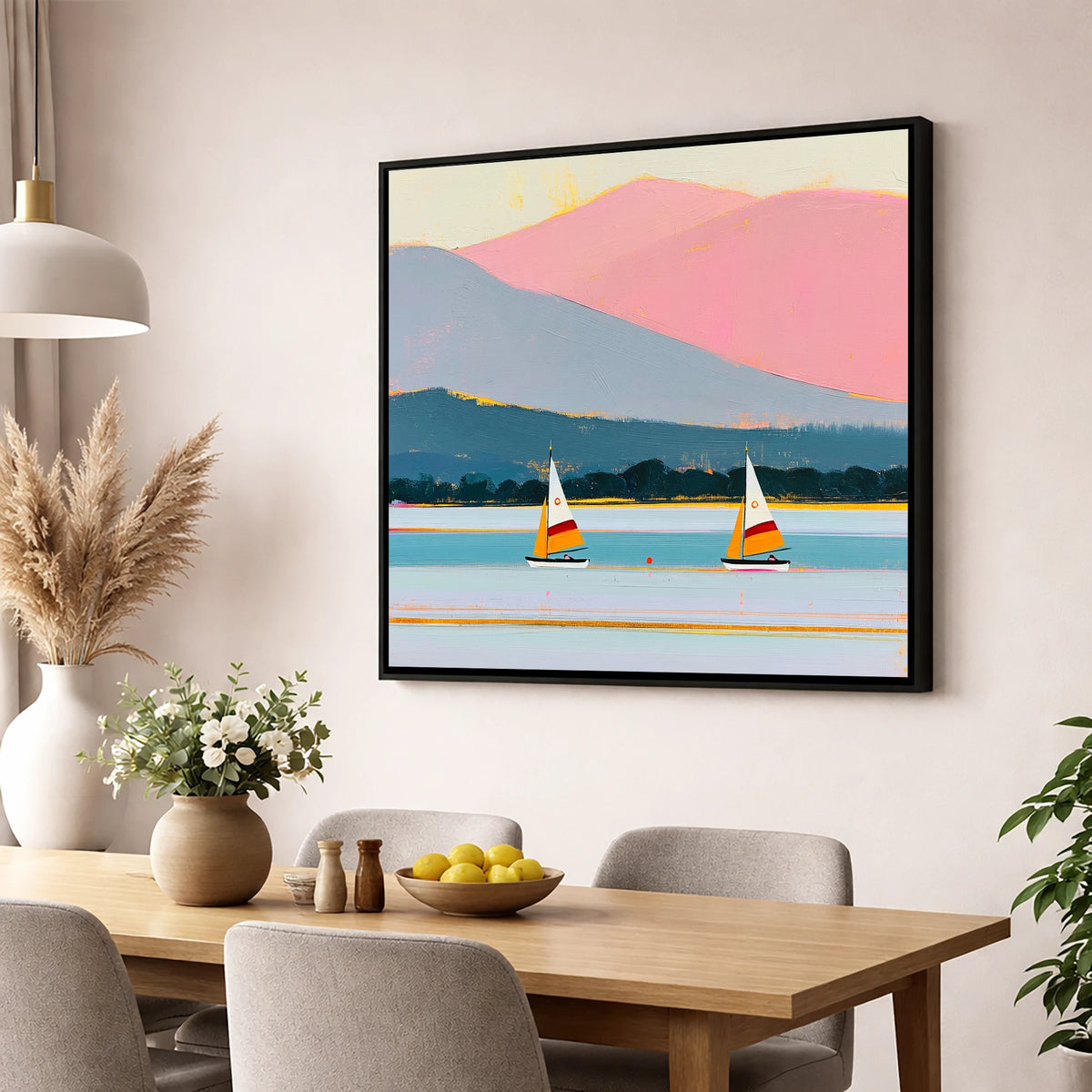 Windermere Sailboats and Pink Fells lake district lake wall art displayed in a dining room