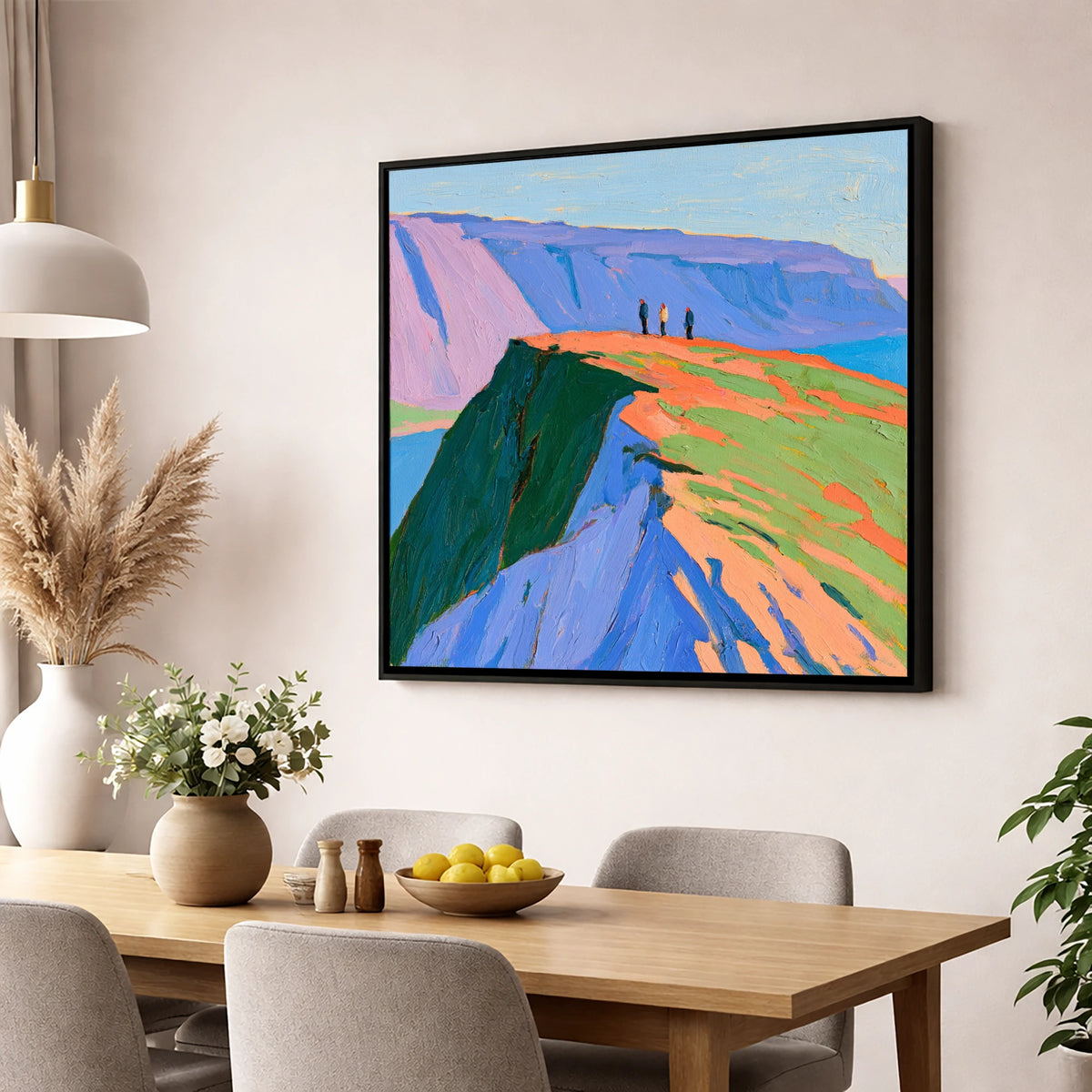 Hikers on a Vibrant Fell Top lake district fell wall art displayed in a dining room