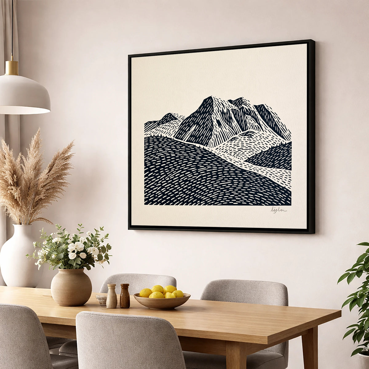 Bold Monochrome Bowfell Peaks lake district fell wall art displayed in a dining room