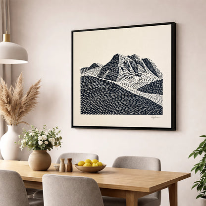 Bold Monochrome Bowfell Peaks lake district fell wall art displayed in a dining room