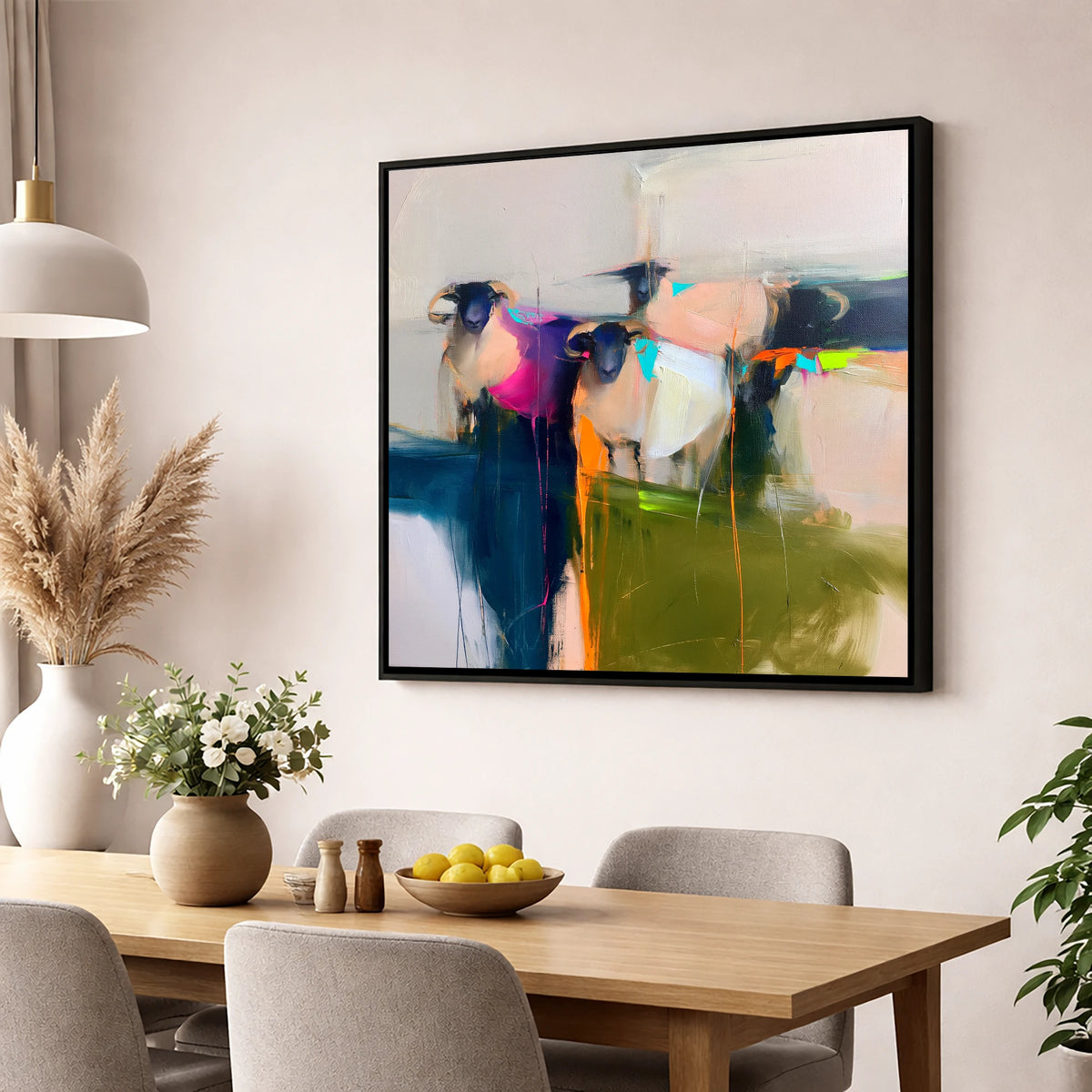Colourful Abstract Herdwick Sheep lake district wildlife wall art displayed in a dining room