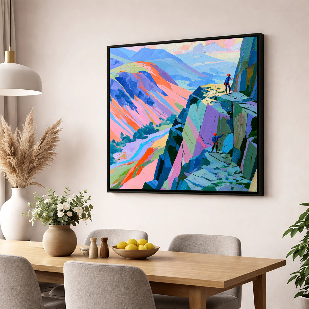 Rock Climbers on Vibrant Crag lake district walking wall art displayed in a dining room