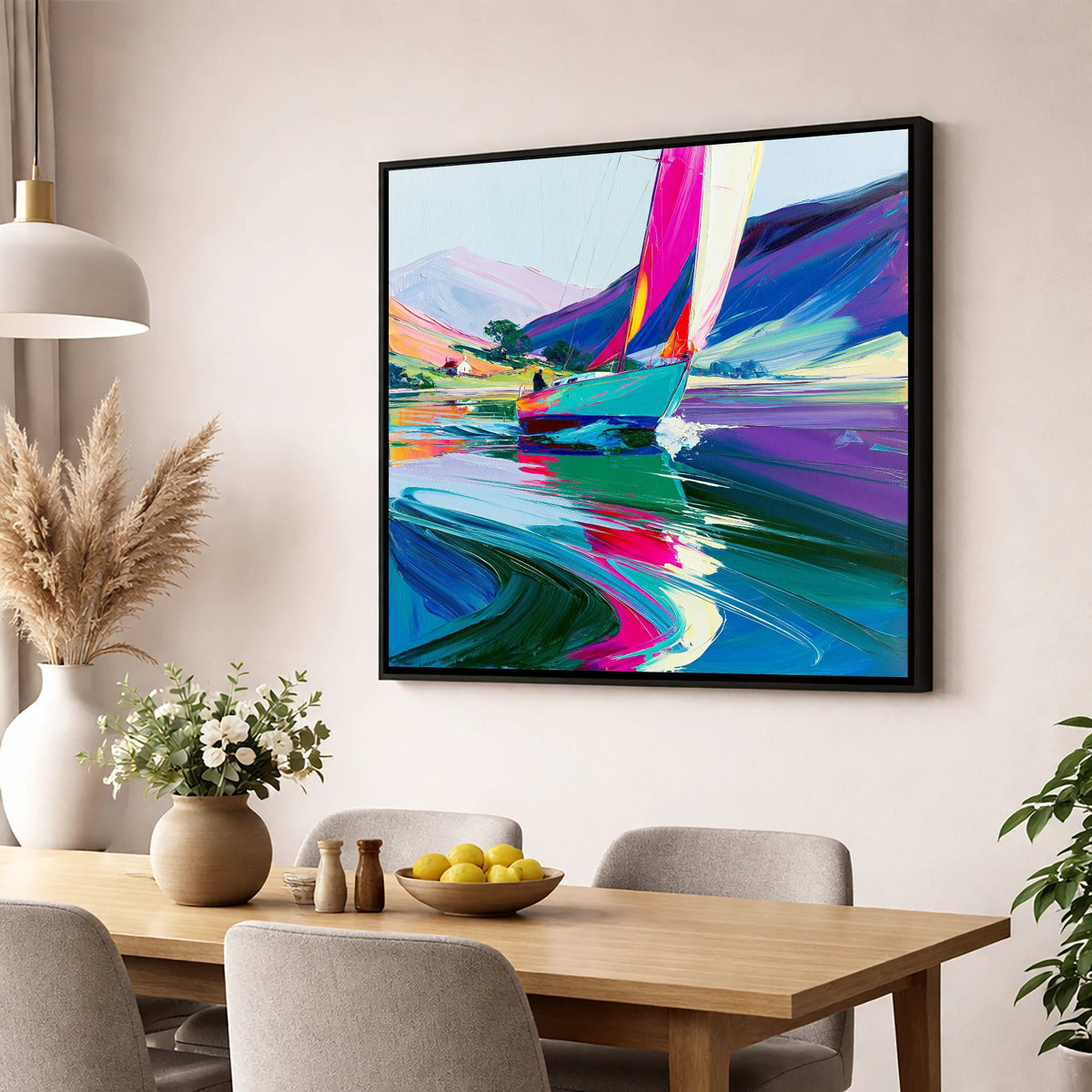 Bright Sails on a Breezy Lake lake district walking wall art displayed in a dining room
