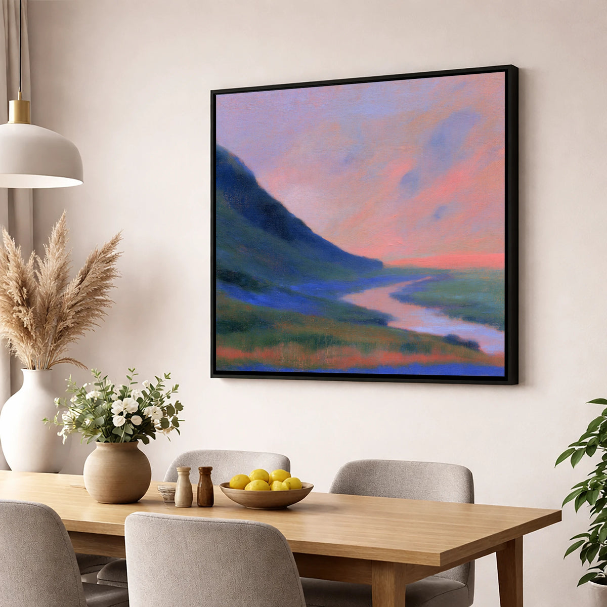 Winding River at Twilight lake district waterfall wall art displayed in a dining room