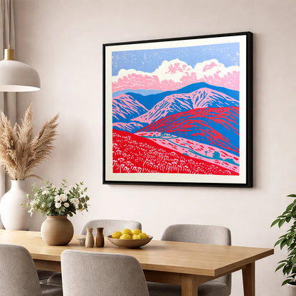Red and Blue Rolling Fells lake district fell wall art displayed in a dining room