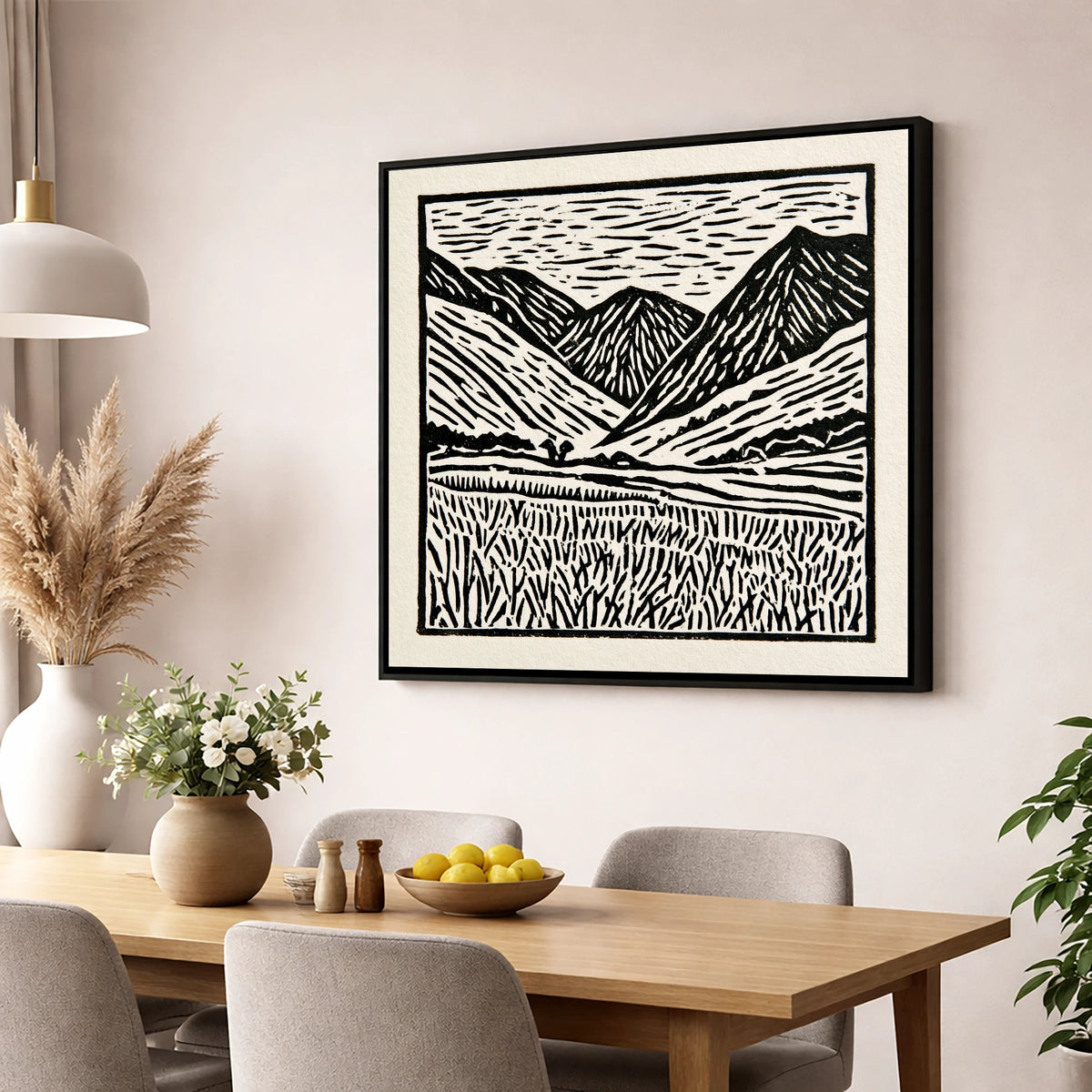Black and White Borrowdale Fells lake district valley wall art displayed in a dining room