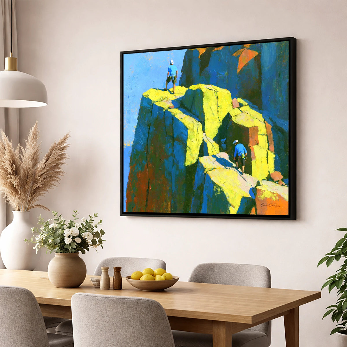 Mountaineers on a Sunlit Crag Pinnacle lake district walking wall art displayed in a dining room