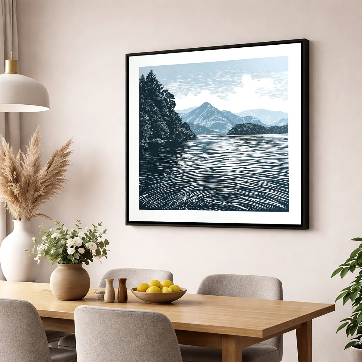 Derwentwater in Slate and Navy lake district lake wall art displayed in a dining room