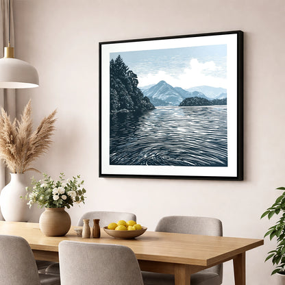 Derwentwater in Slate and Navy lake district lake wall art displayed in a dining room