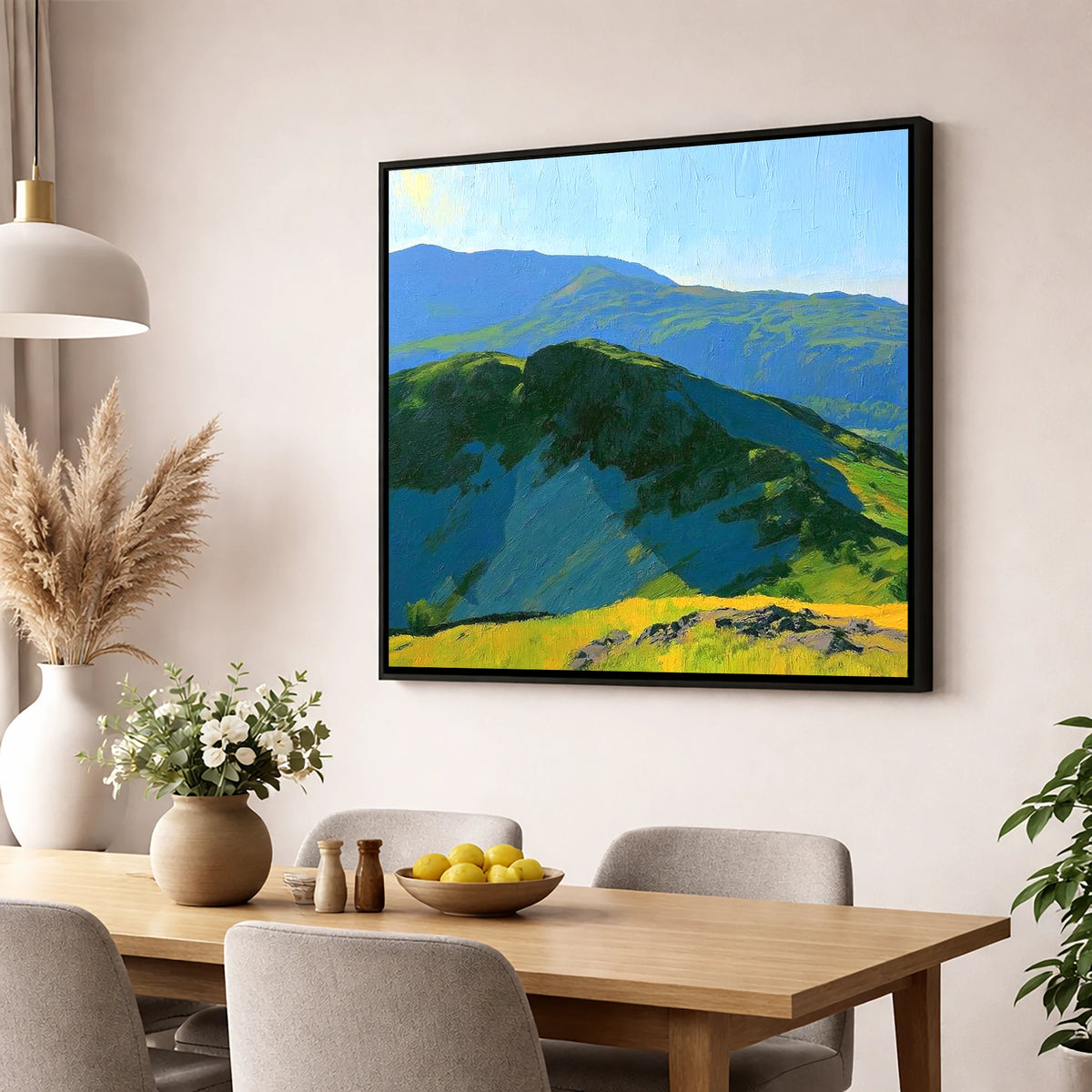 Sunlit Crags of Holme Fell lake district fell wall art displayed in a dining room