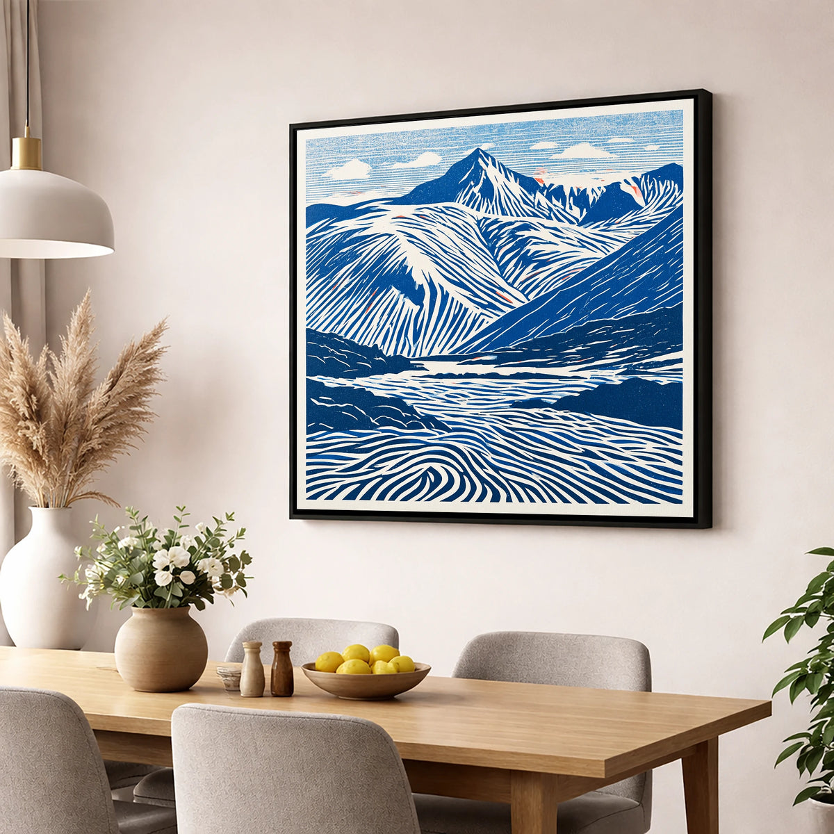 Cobalt Blue Scafell Pike lake district fell wall art displayed in a dining room