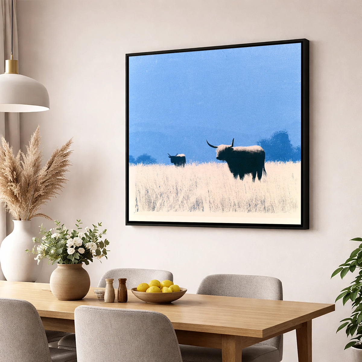 Highland Cattle Beneath Blue Skies lake district wildlife wall art displayed in a dining room