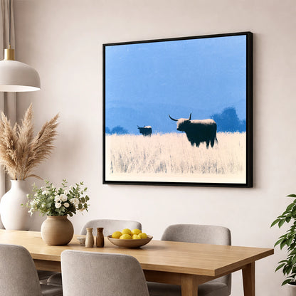 Highland Cattle Beneath Blue Skies lake district wildlife wall art displayed in a dining room