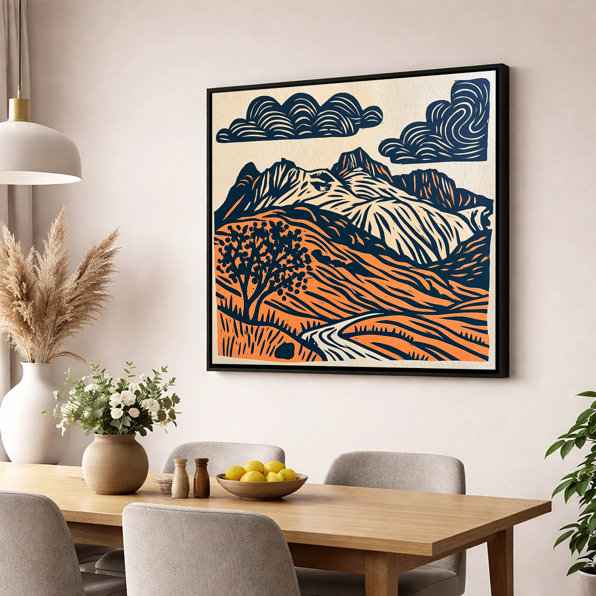 Langdale Pikes in Navy and Orange lake district fell wall art displayed in a dining room