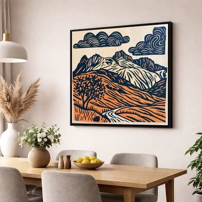 Langdale Pikes in Navy and Orange lake district fell wall art displayed in a dining room