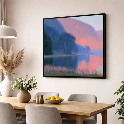 Lake Edge In Pink Twilight lake district lake wall art displayed in a dining room