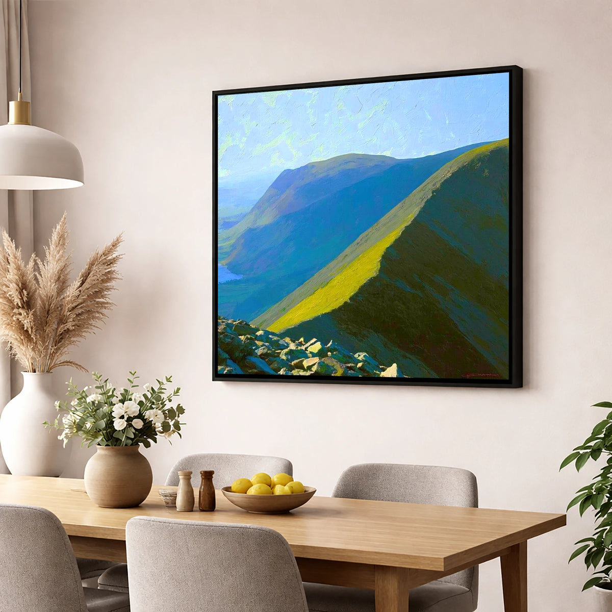 Sunlight on Whiteside Ridge lake district fell wall art displayed in a dining room