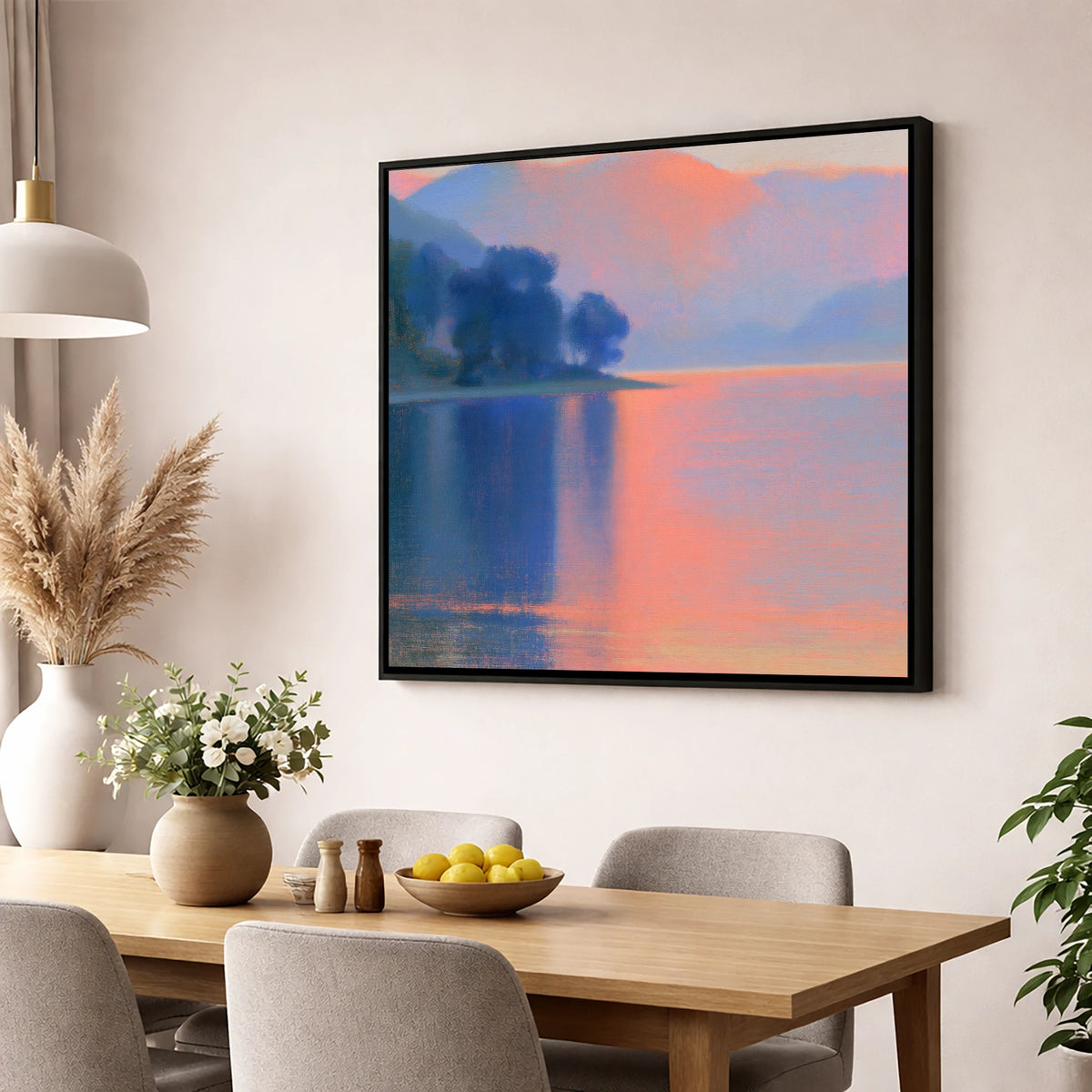 Pastel Sunset Over The Lake lake district lake wall art displayed in a dining room