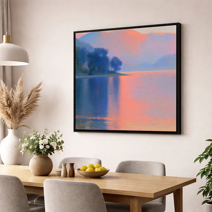 Pastel Sunset Over The Lake lake district lake wall art displayed in a dining room