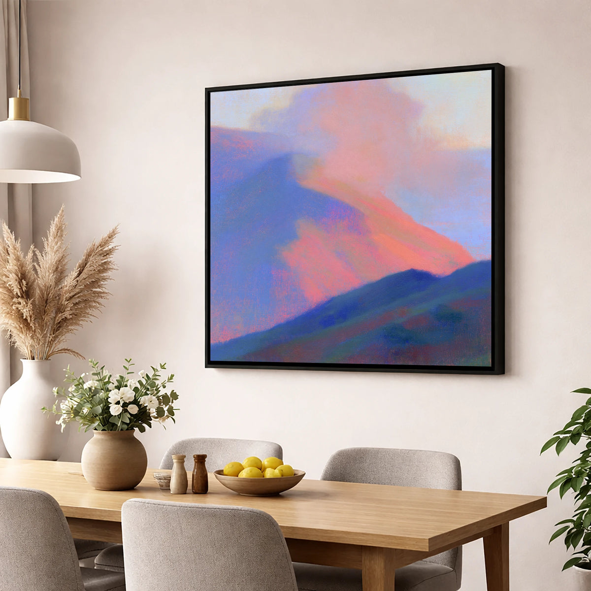 Pink Light on Rolling Fells lake district fell wall art displayed in a dining room
