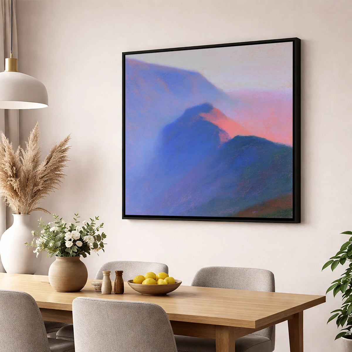 Pink Twilight on Misty Ridge lake district fell wall art displayed in a dining room