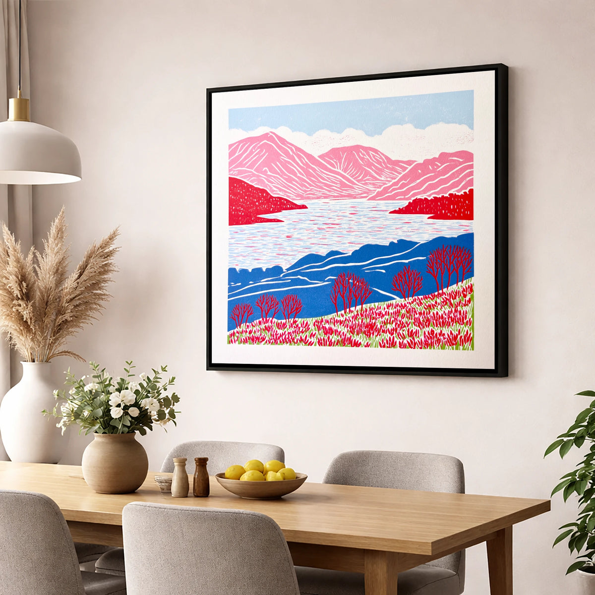 Bold Pink Fells Above Ennerdale lake district valley wall art displayed in a dining room
