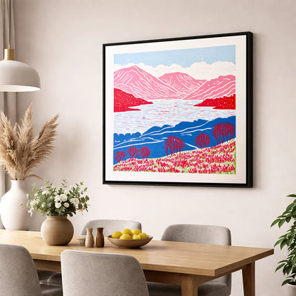 Bold Pink Fells Above Ennerdale lake district valley wall art displayed in a dining room