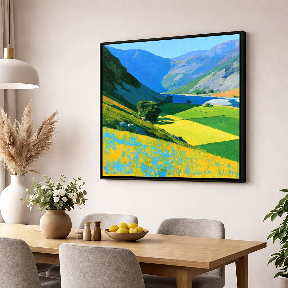 Vibrant Fields of the Buttermere Valley lake district valley wall art displayed in a dining room