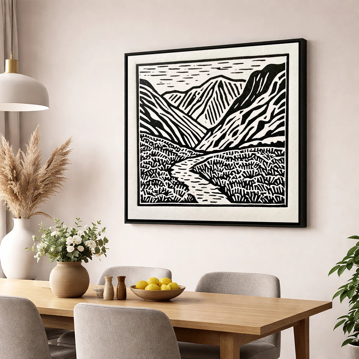 Monochrome Borrowdale Valley Fells lake district valley wall art displayed in a dining room