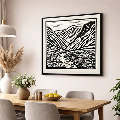 Monochrome Borrowdale Valley Fells lake district valley wall art displayed in a dining room