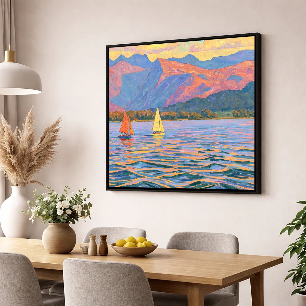 Colourful Evening Sails on Windermere lake district lake wall art displayed in a dining room