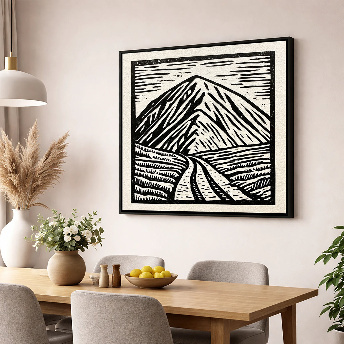 Bold Monochrome Blencathra Peak lake district fell wall art displayed in a dining room