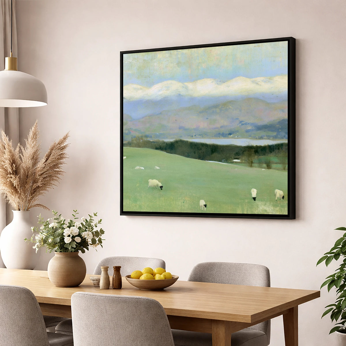 Hawkshead Pastures and Snow-Capped Fells lake district village wall art displayed in a dining room