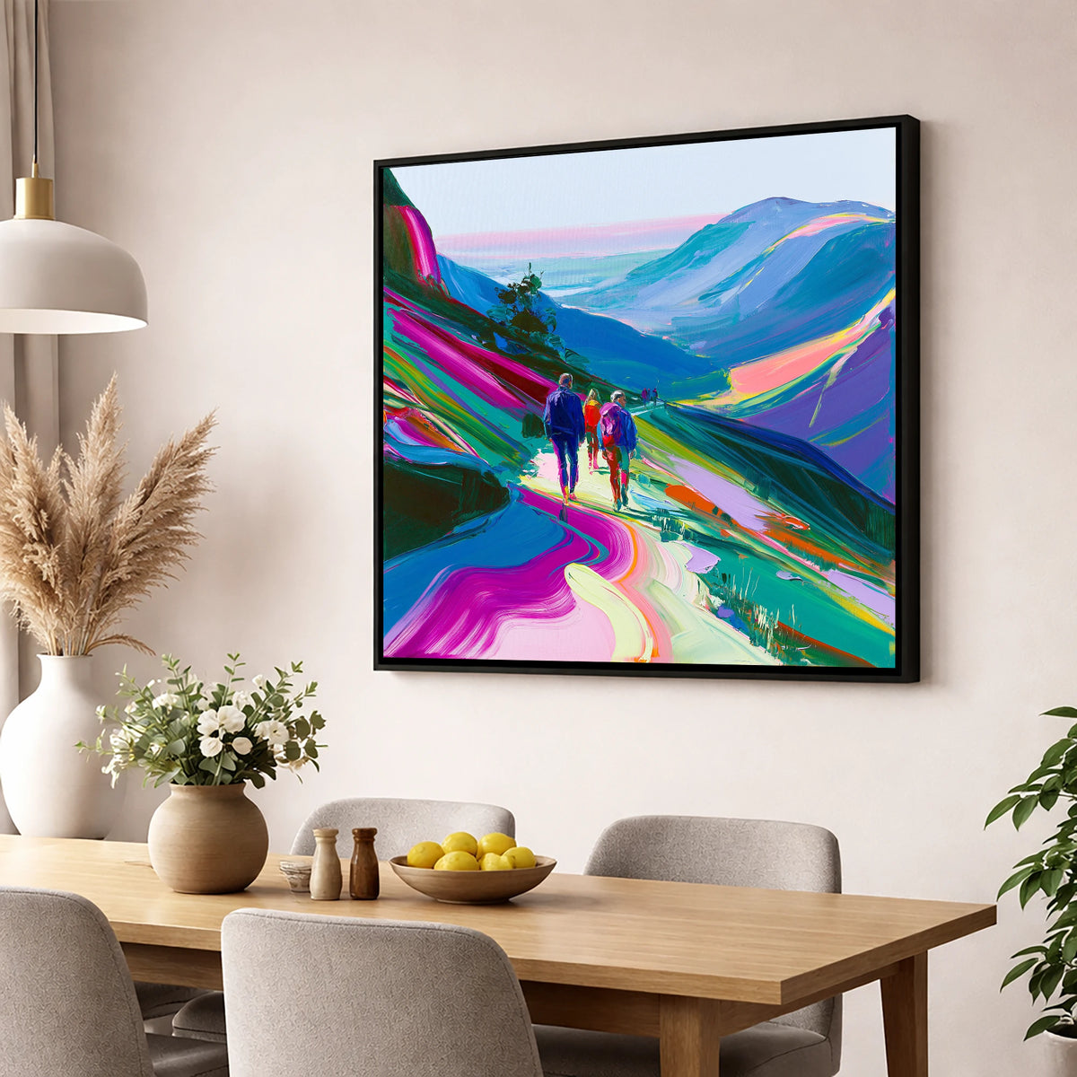 Vivid Walkers on a Mountain Path lake district walking wall art displayed in a dining room