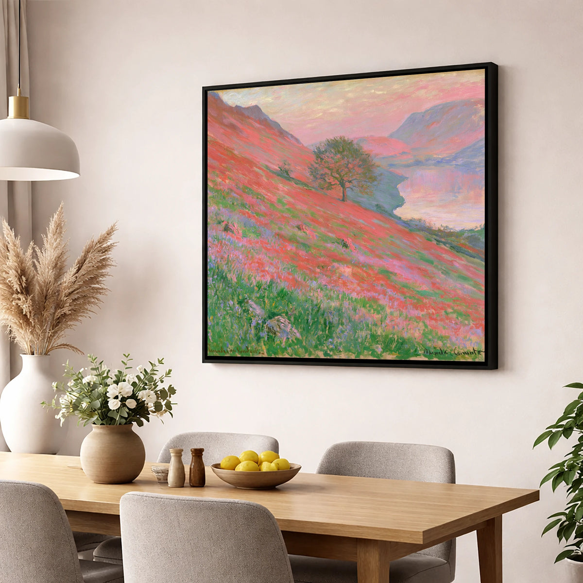 Sunset Pink Over Rannerdale Bluebells lake district lake wall art displayed in a dining room