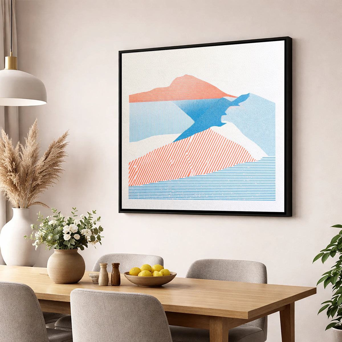 Helvellyn in Coral and Blue lake district fell wall art displayed in a dining room