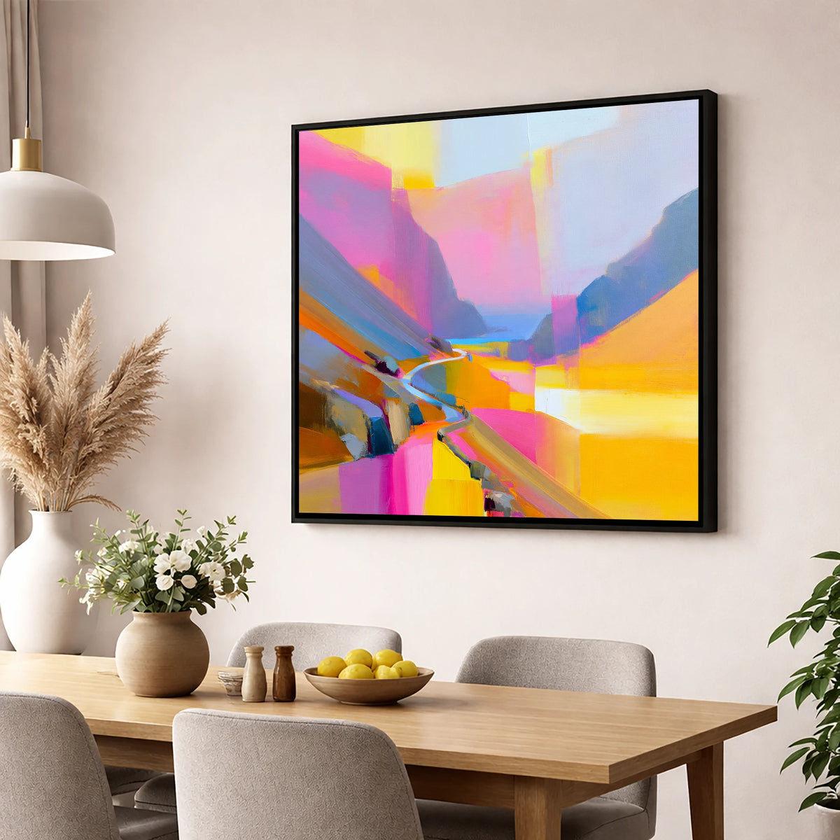 Vivid Fuchsia Winding Mountain Pass lake district valley wall art displayed in a dining room