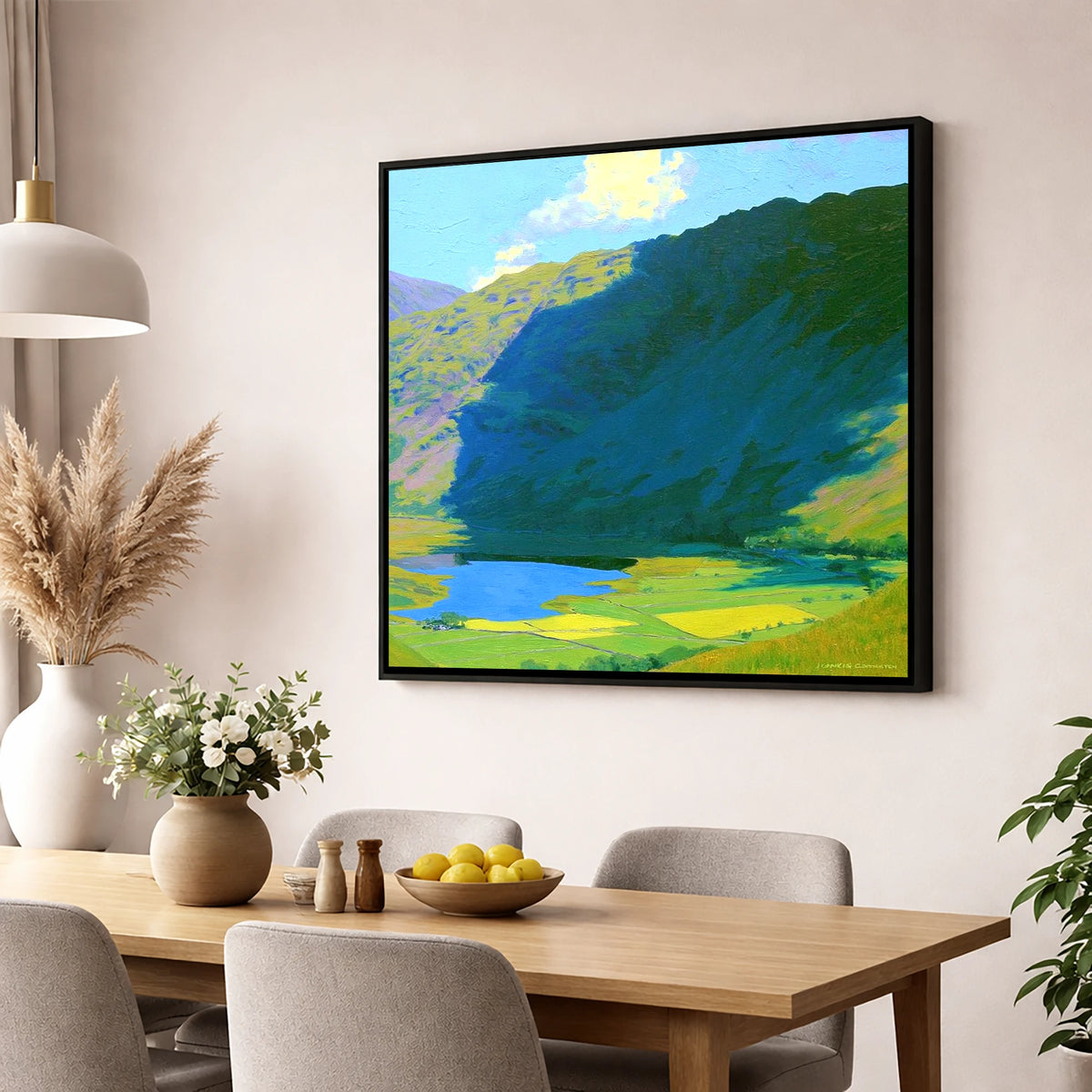 Brock Crags over Sunlit Valley lake district fell wall art displayed in a dining room
