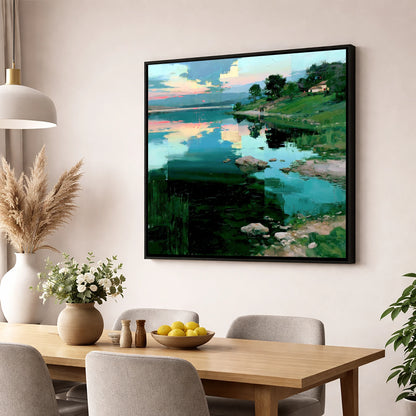 Pink Dawn Over Turquoise Lake lake district lake wall art displayed in a dining room