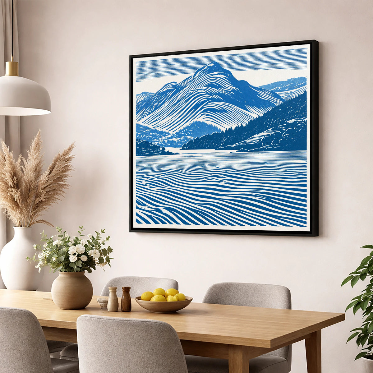 Catbells in Cobalt Blue lake district fell wall art displayed in a dining room