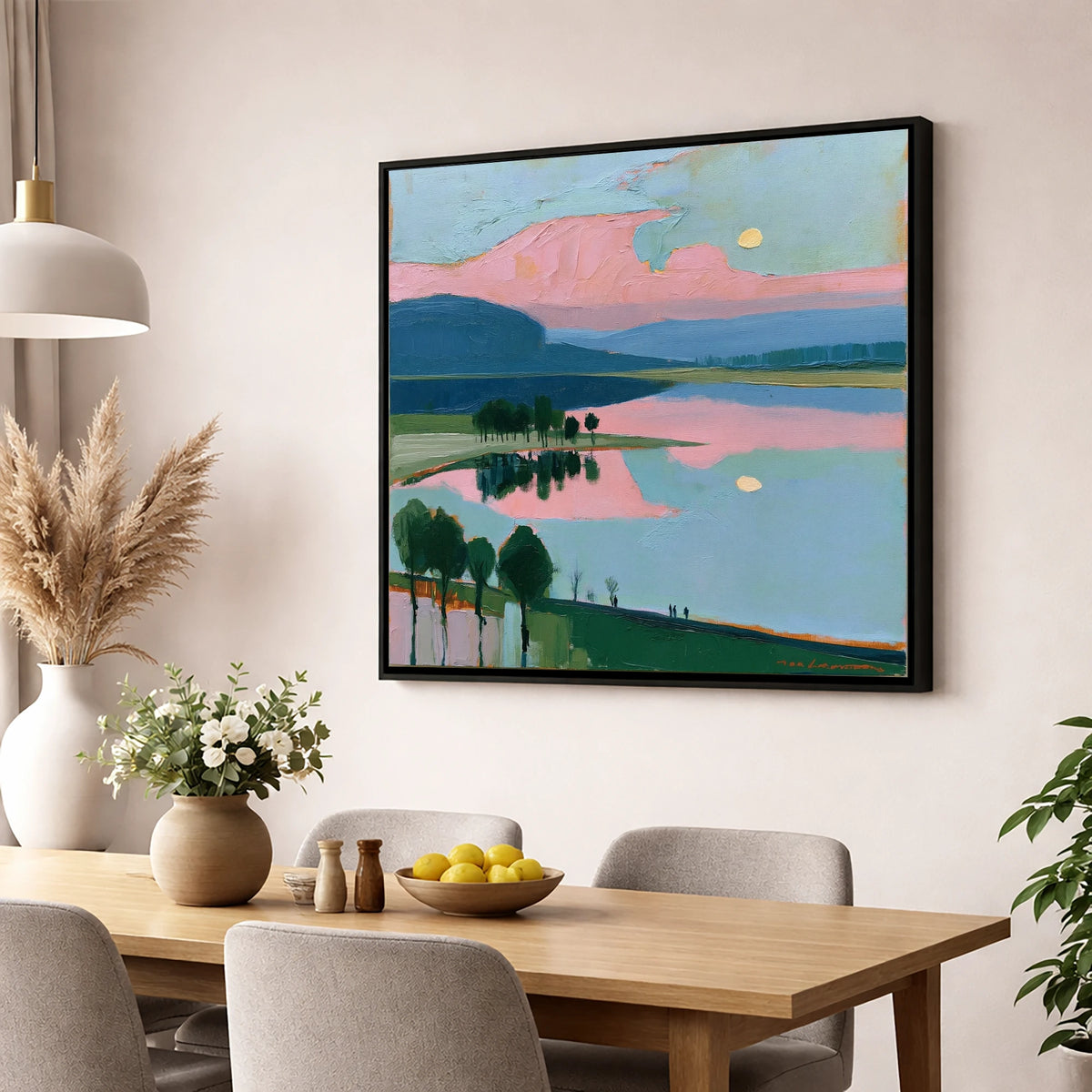 Blush Pink Lake at Dawn lake district lake wall art displayed in a dining room